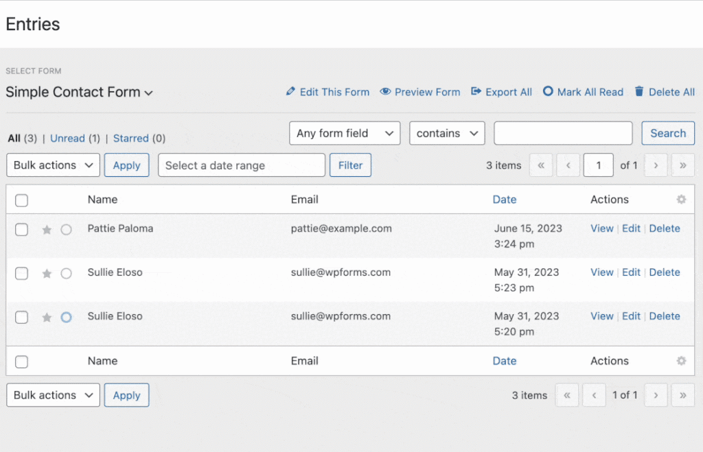 Form entries menu