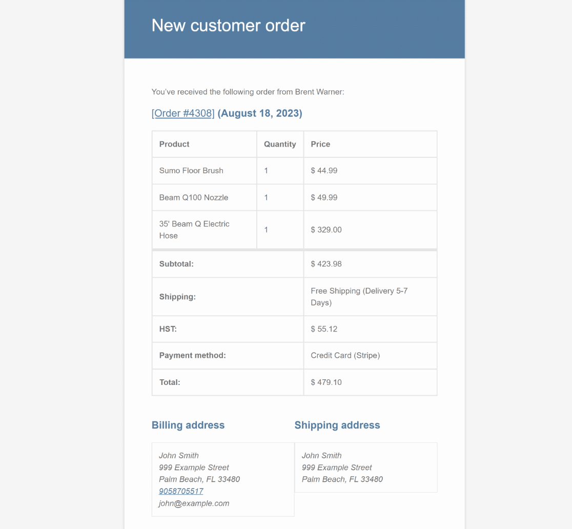 Order email preview WooCommerce