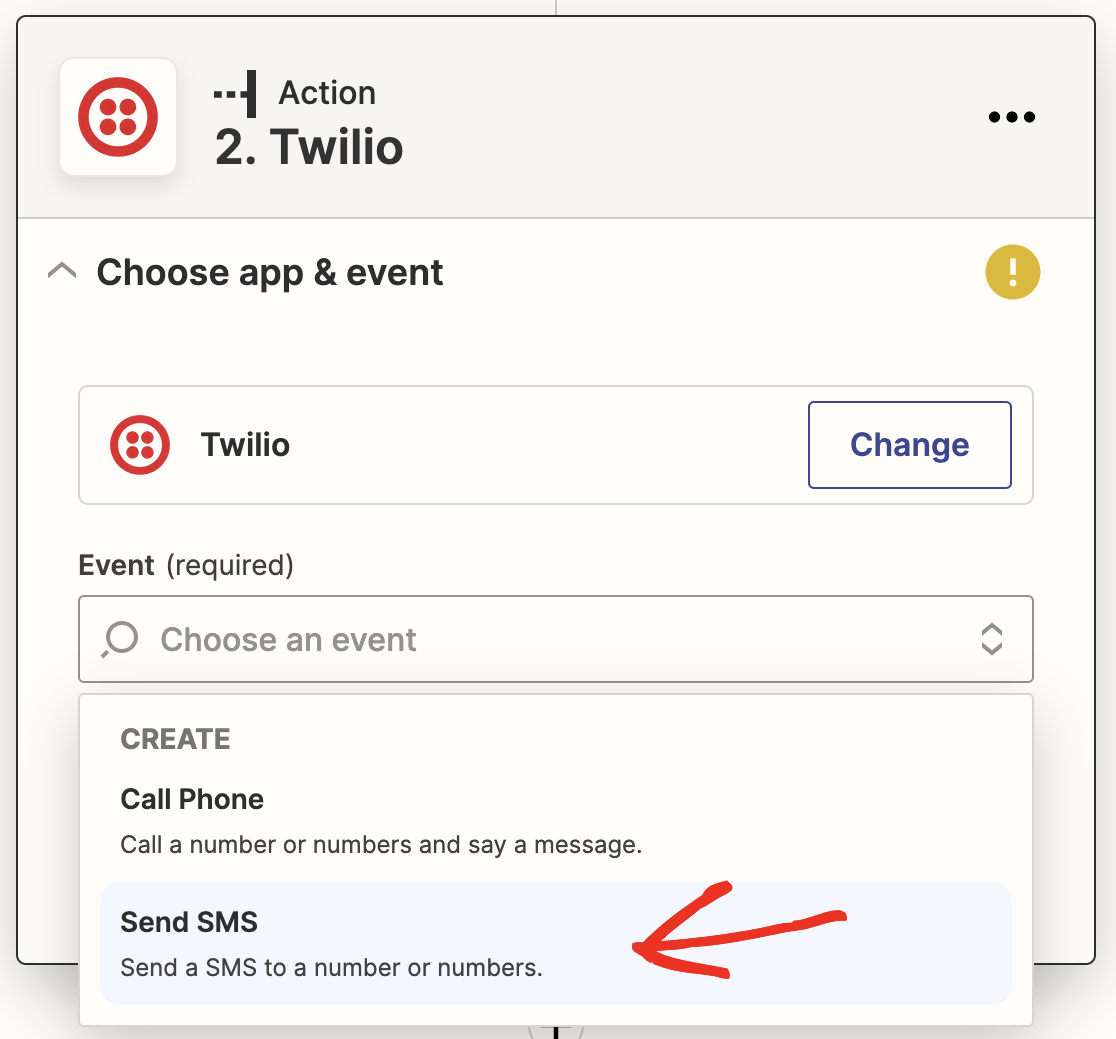 Send SMS event Zapier
