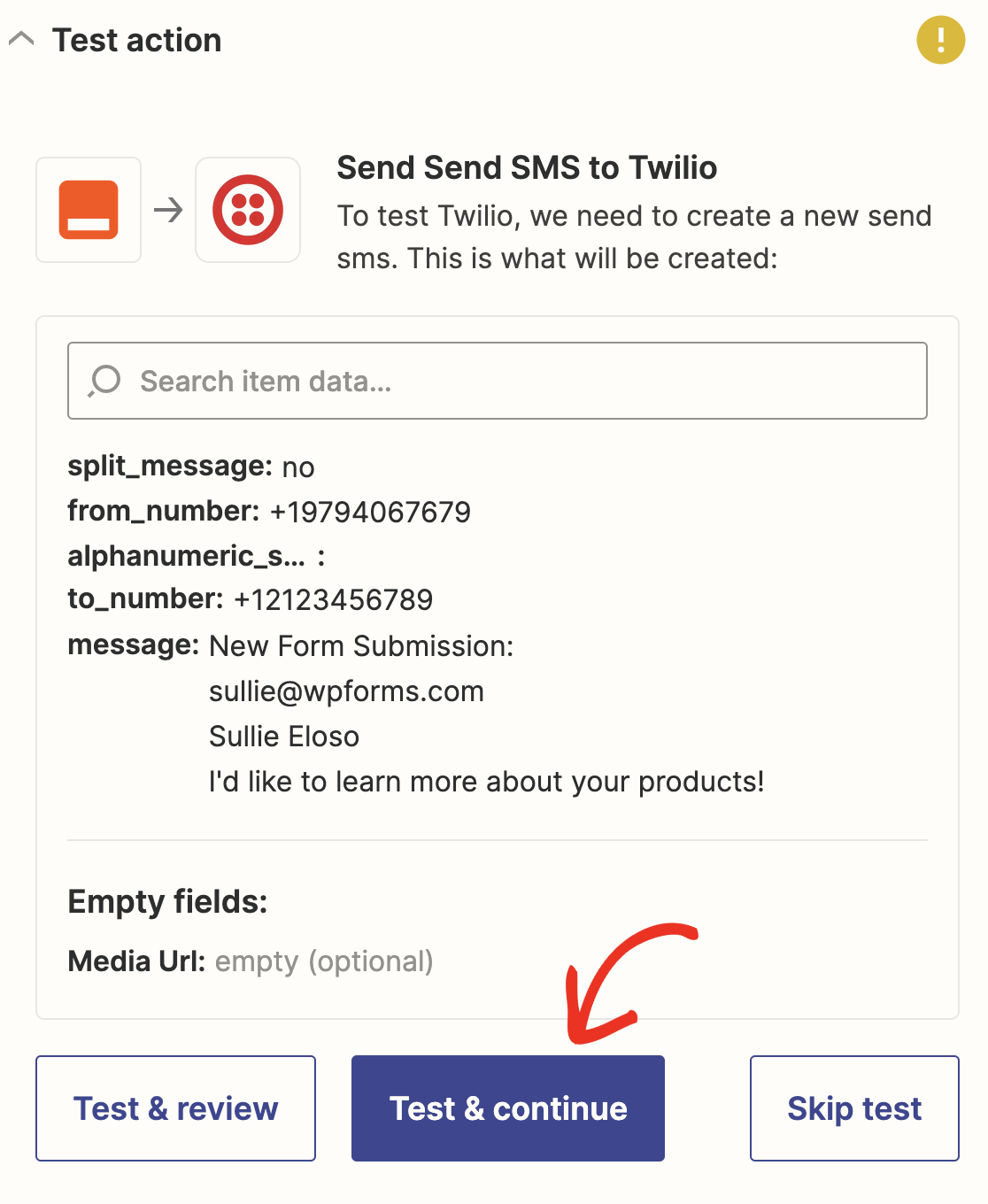 Twilio test continue Zapier