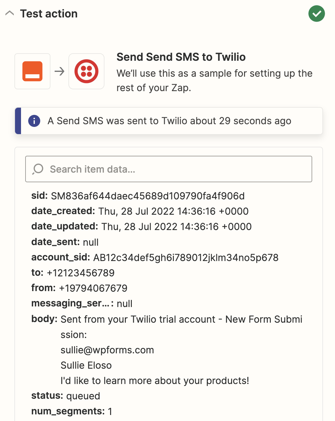 Twilio test success message Zapier