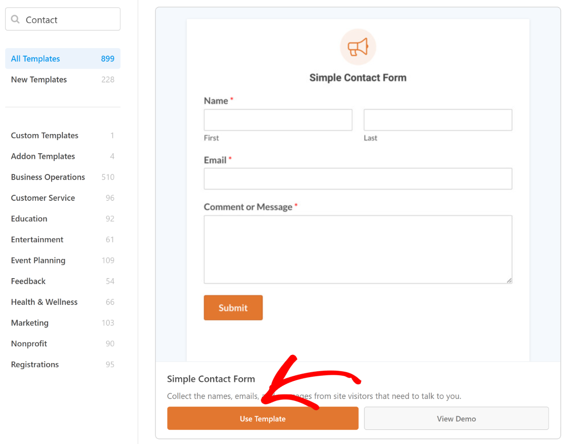 Use contact form template WPForms