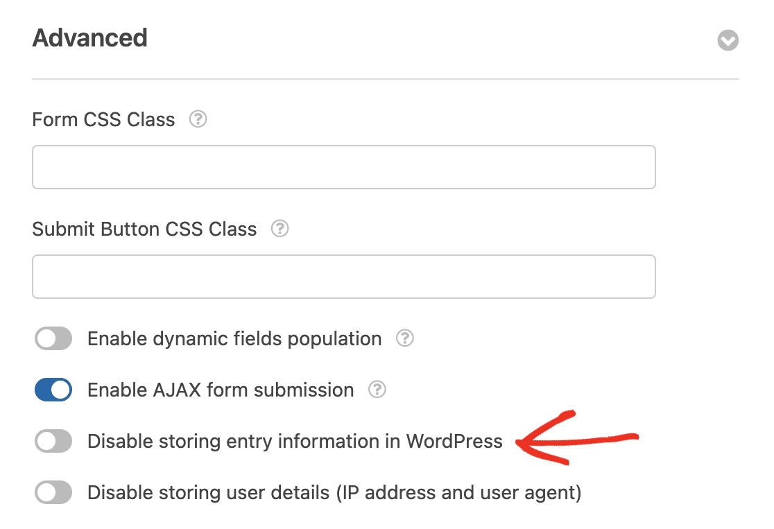 WPForms disable storing entry information
