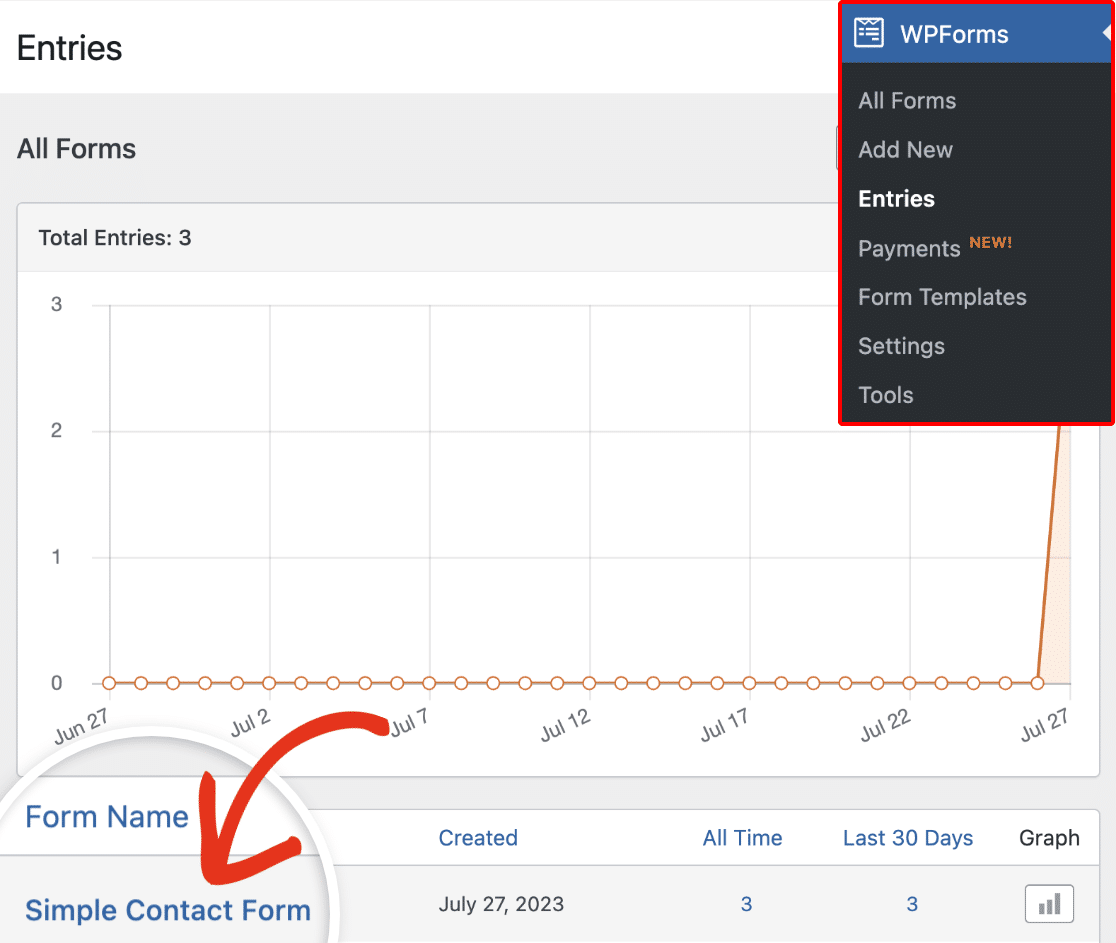 WPForms entries menu