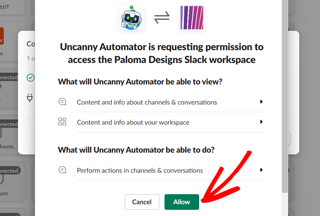 Click Allow to connect Slack with Uncanny Automator