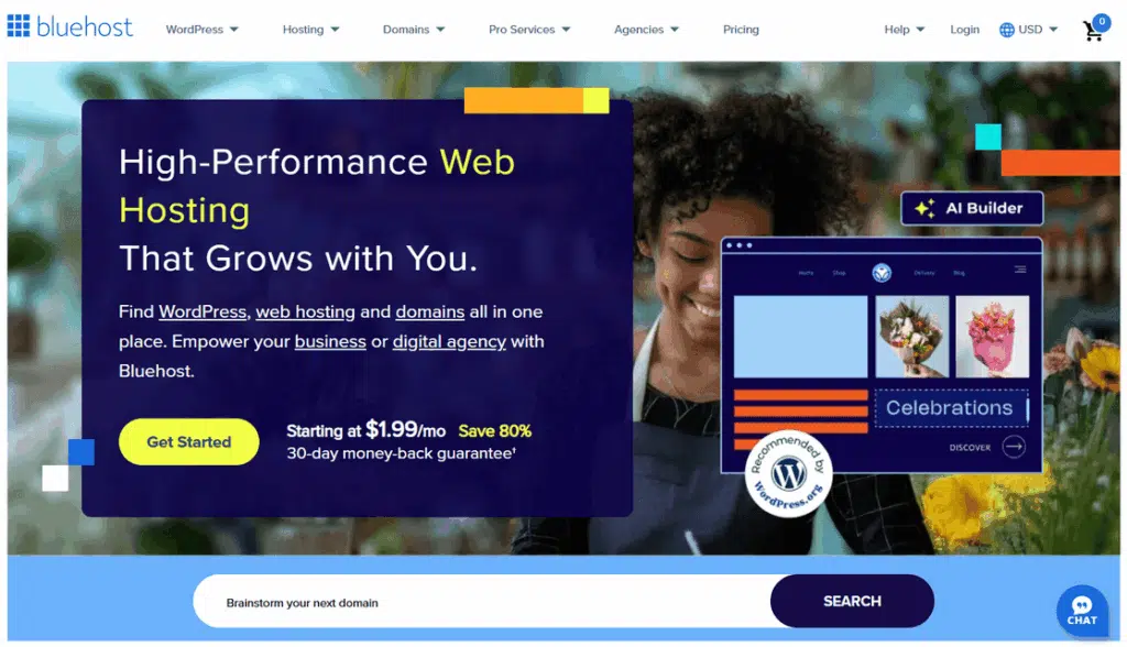 A página inicial da Bluehost