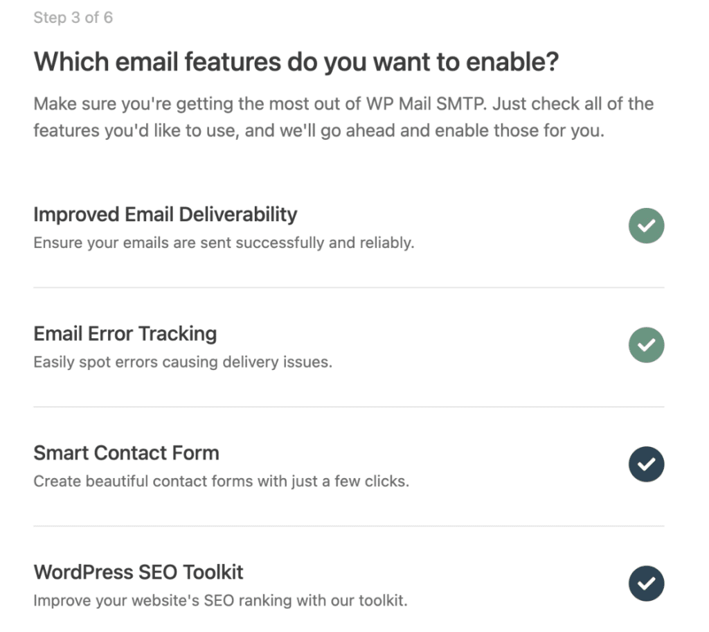 select-email-features - WP Mail SMTP Selecting email features in the WP Mail SMTP Setup Wizard