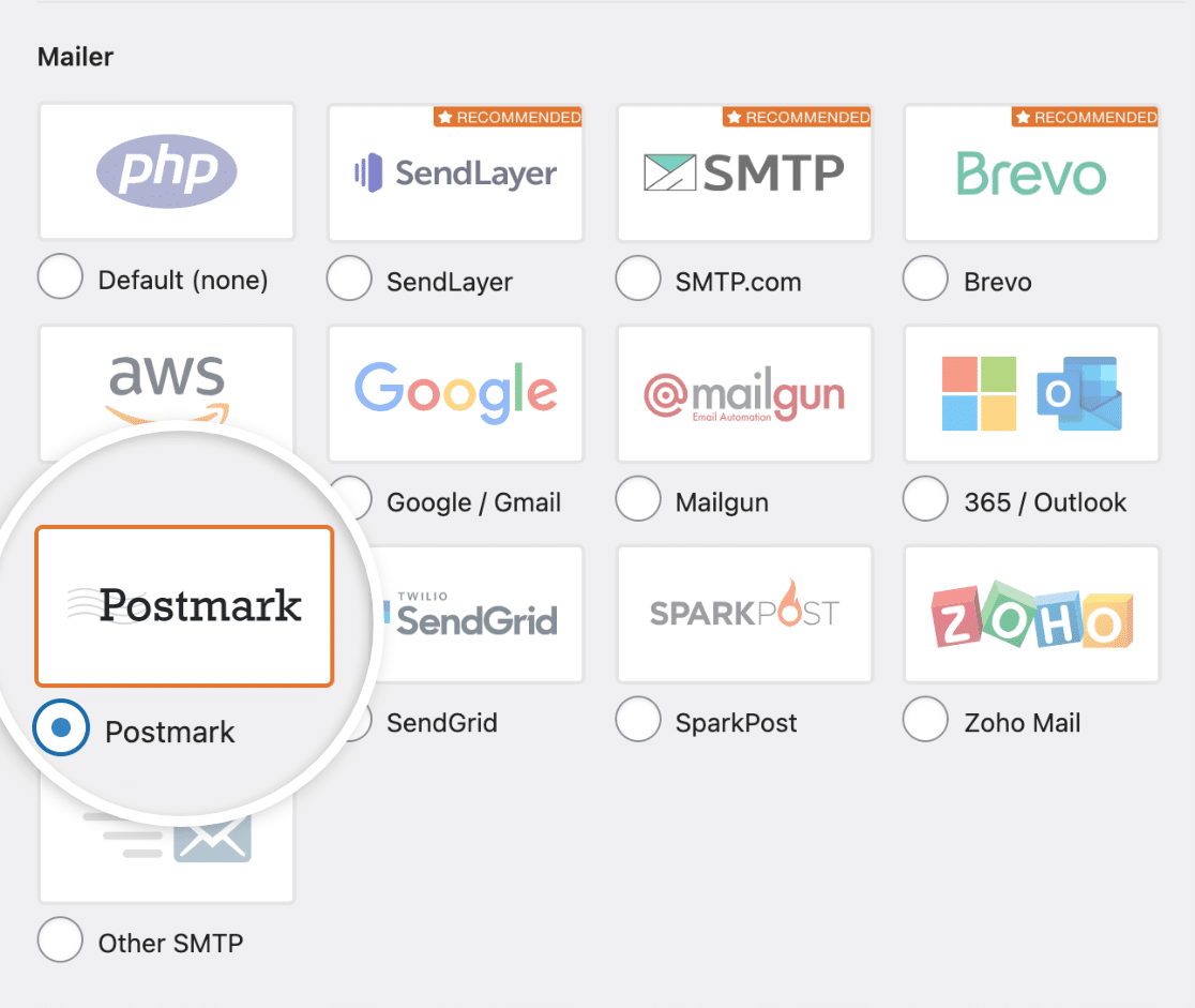 Choosing the Postmark mailer in the WP Mail SMTP settings