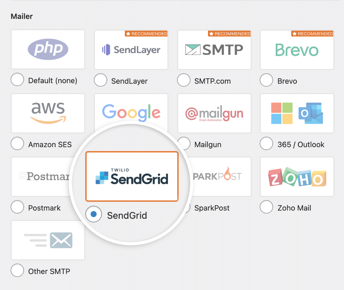 Selecting the SendGrid mailer