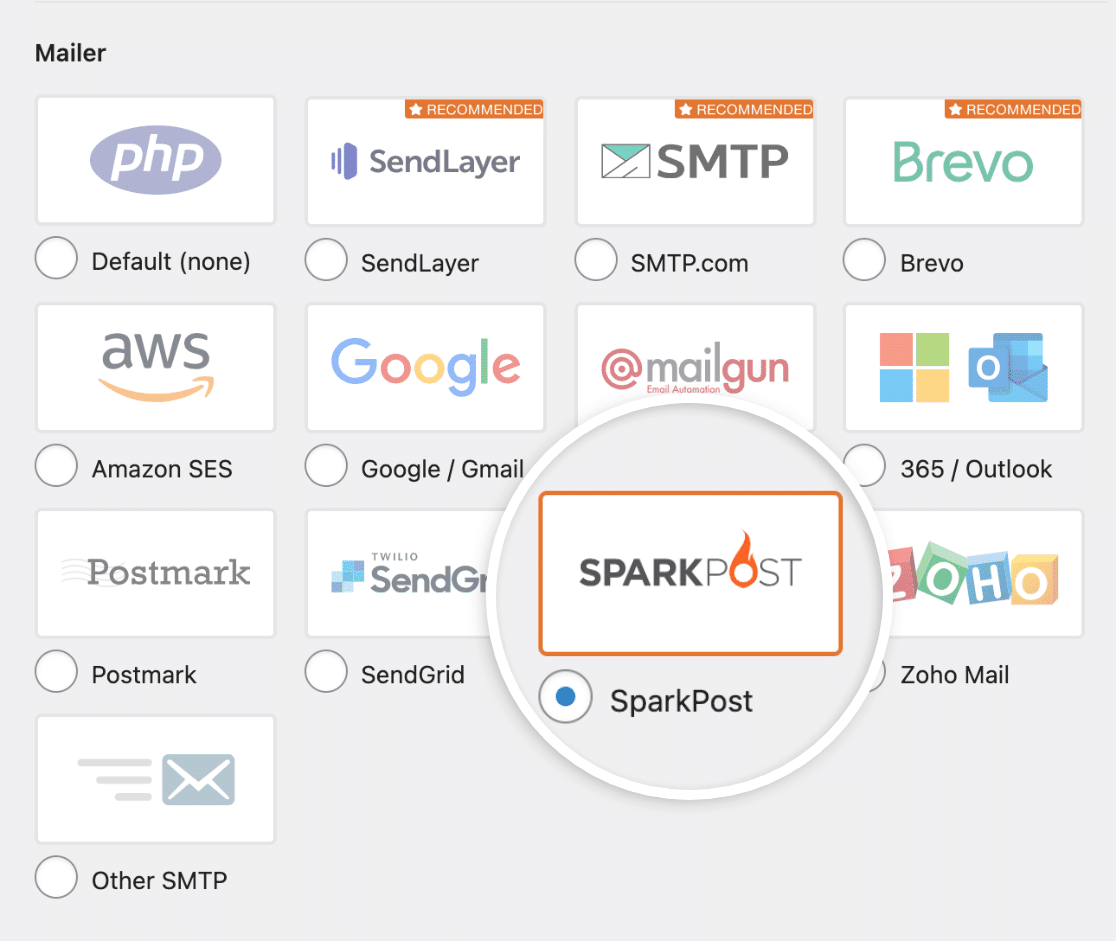 Selecting the SparkPost mailer in the WP Mail SMTP settings