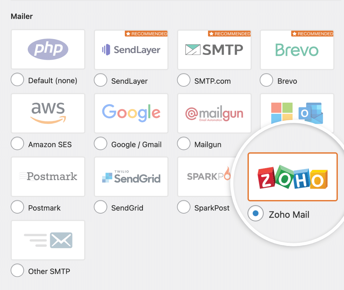 Selecting the Zoho mailer from the WP Mail SMTP settings