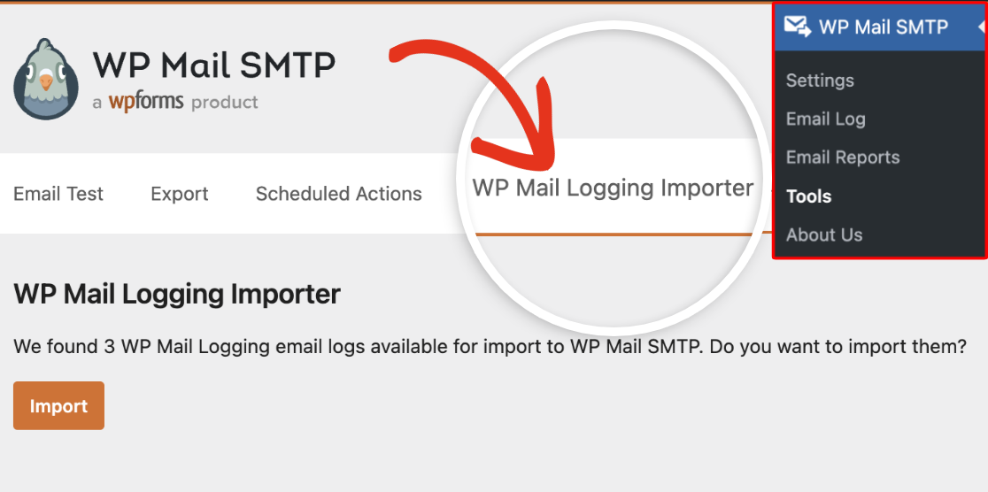 WP mail logging importer