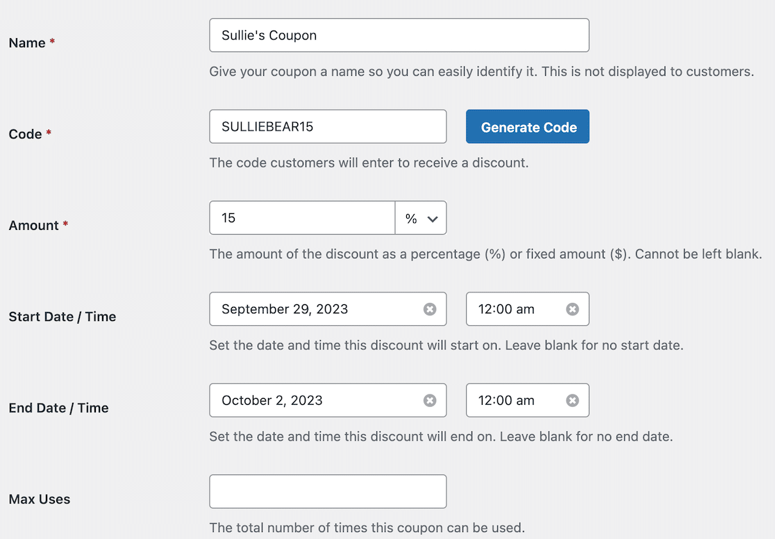 Enter your coupon details on WPForms