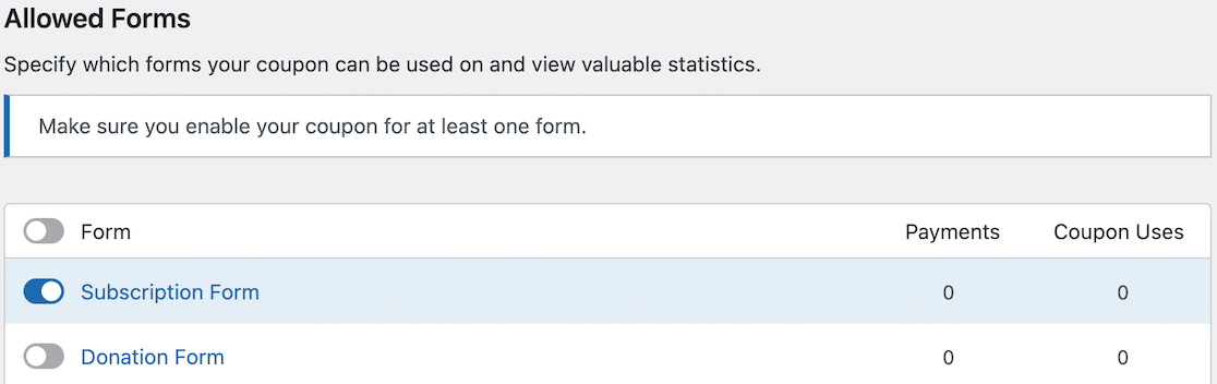 Choose the forms where you want to enable your coupon code
