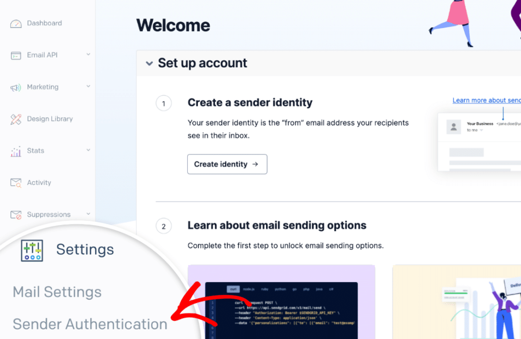 click-sender-authentication - WP Mail SMTP The Sender Authentication menu in SendGrid