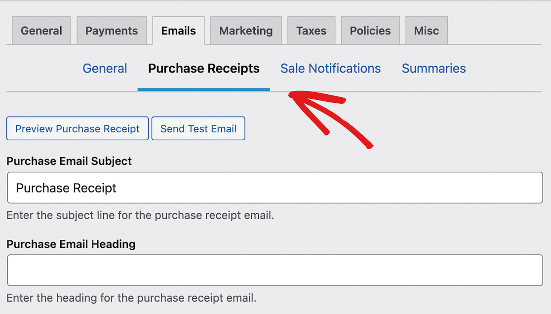 EDD purchase receipt settings