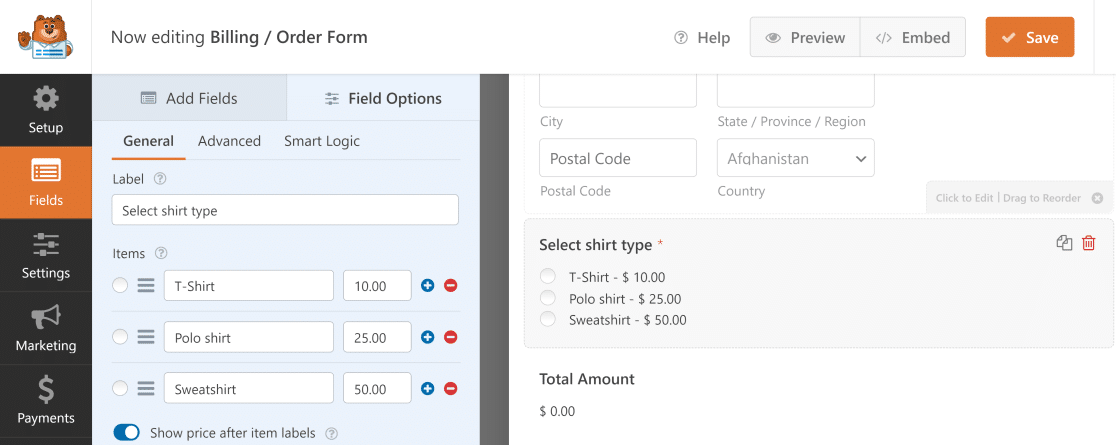 Customize Multiple Items field