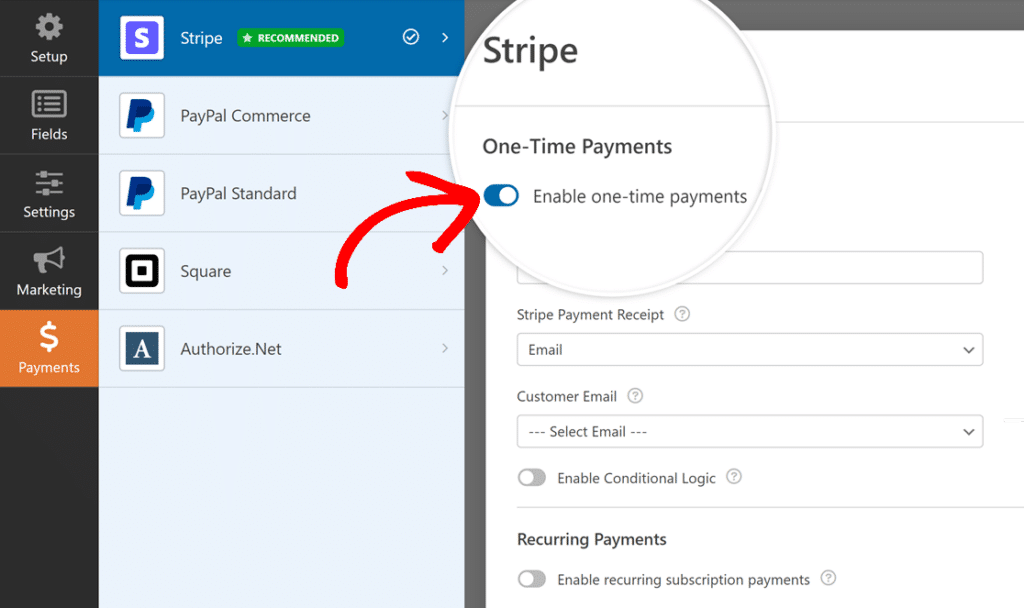 Enable Stripe one time payments