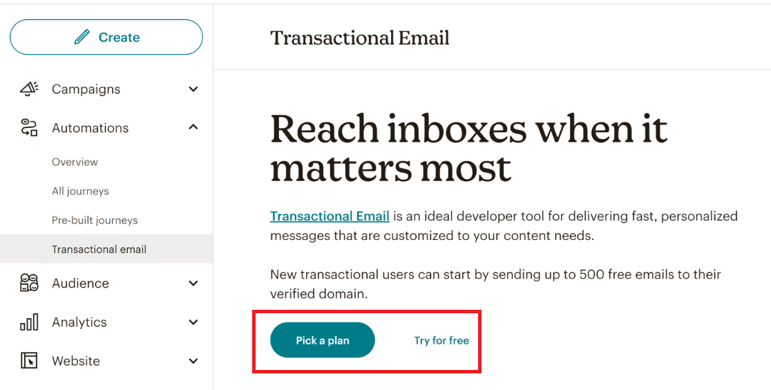 Mailchimp transactional email tab