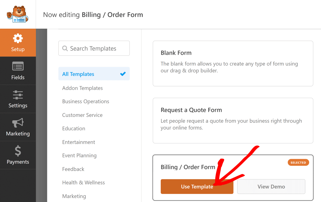 Selecting billing order form