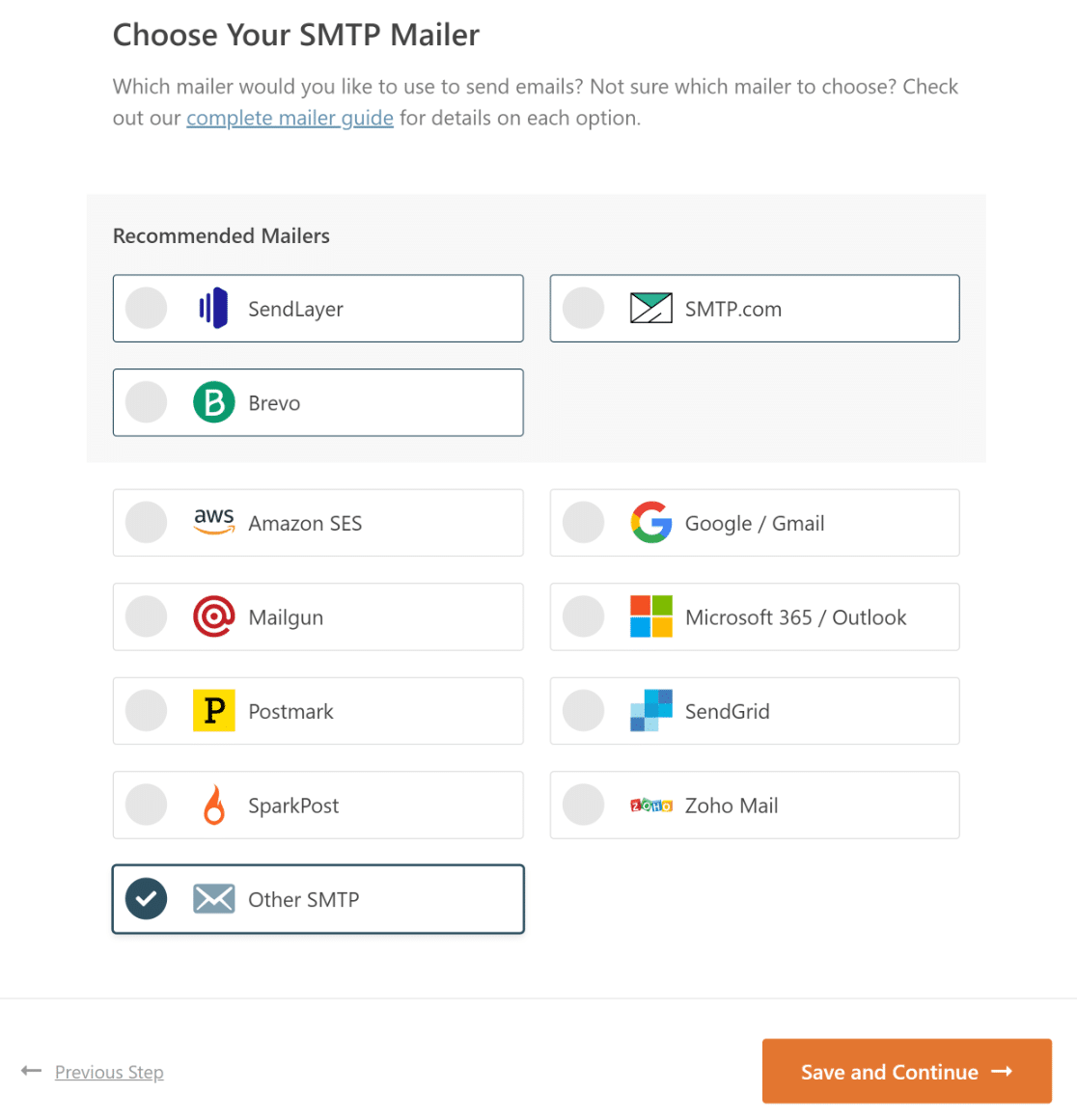 Choosing the Other SMTP mailer option in the WP Mail SMTP Setup Wizard