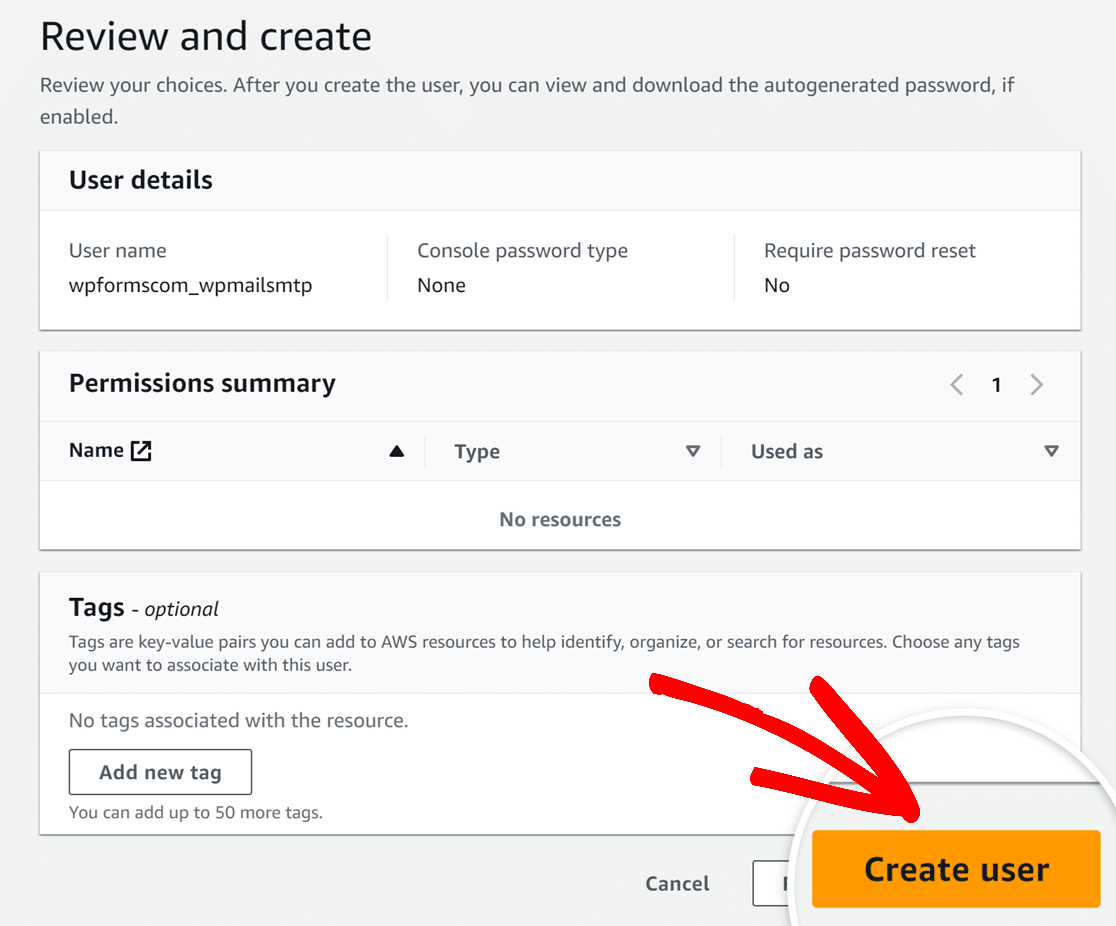 Review and create user