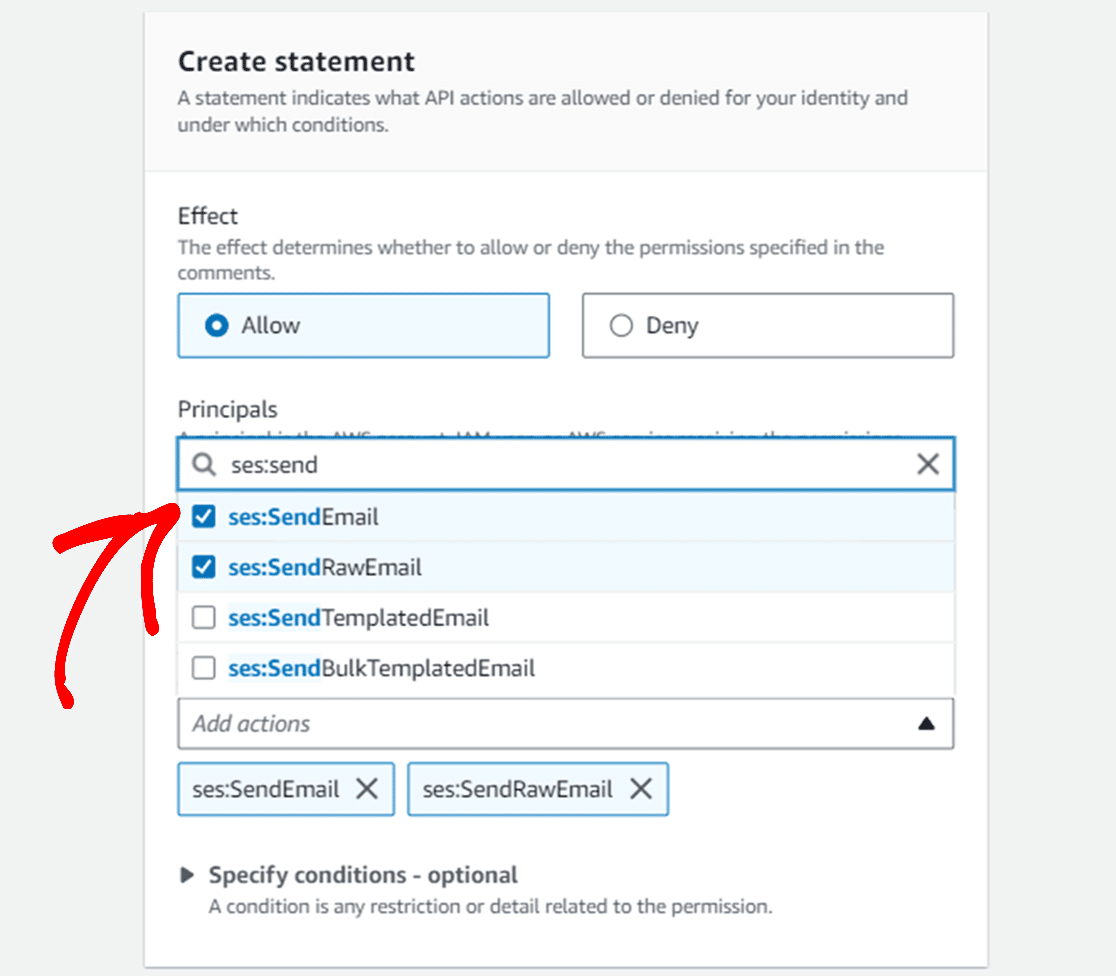 Select actions in statement for verified identity