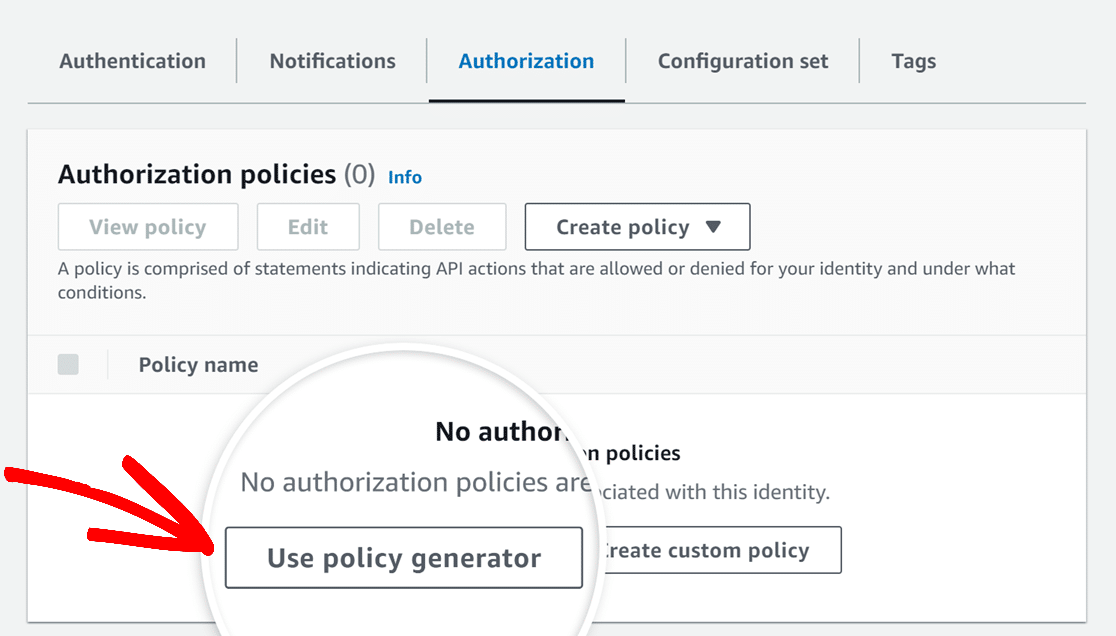 Use policy generator button for verified identity