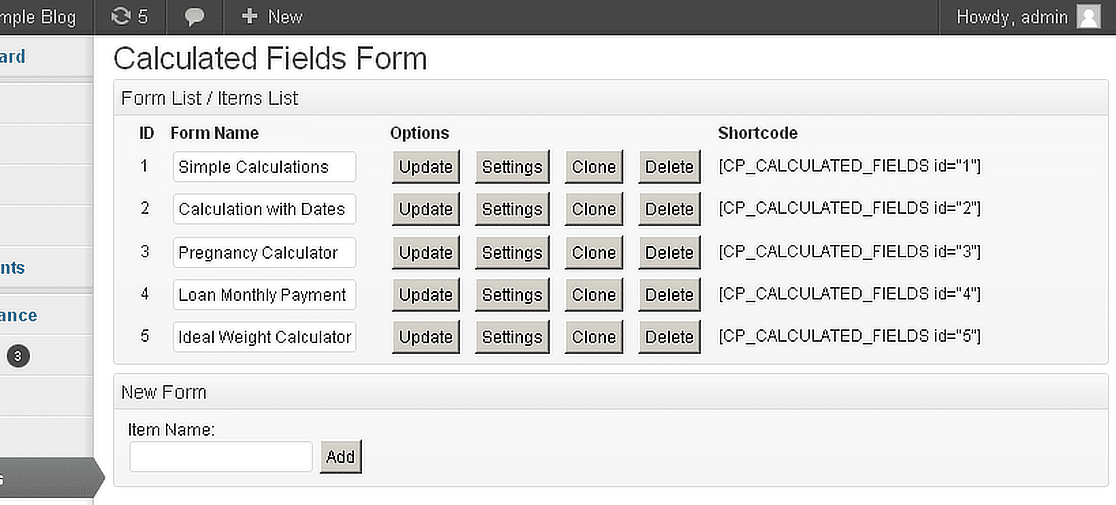 Calculated Fields Form different calculator shortcodes