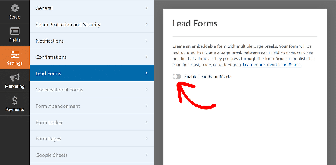 wpforms enable lead form mode