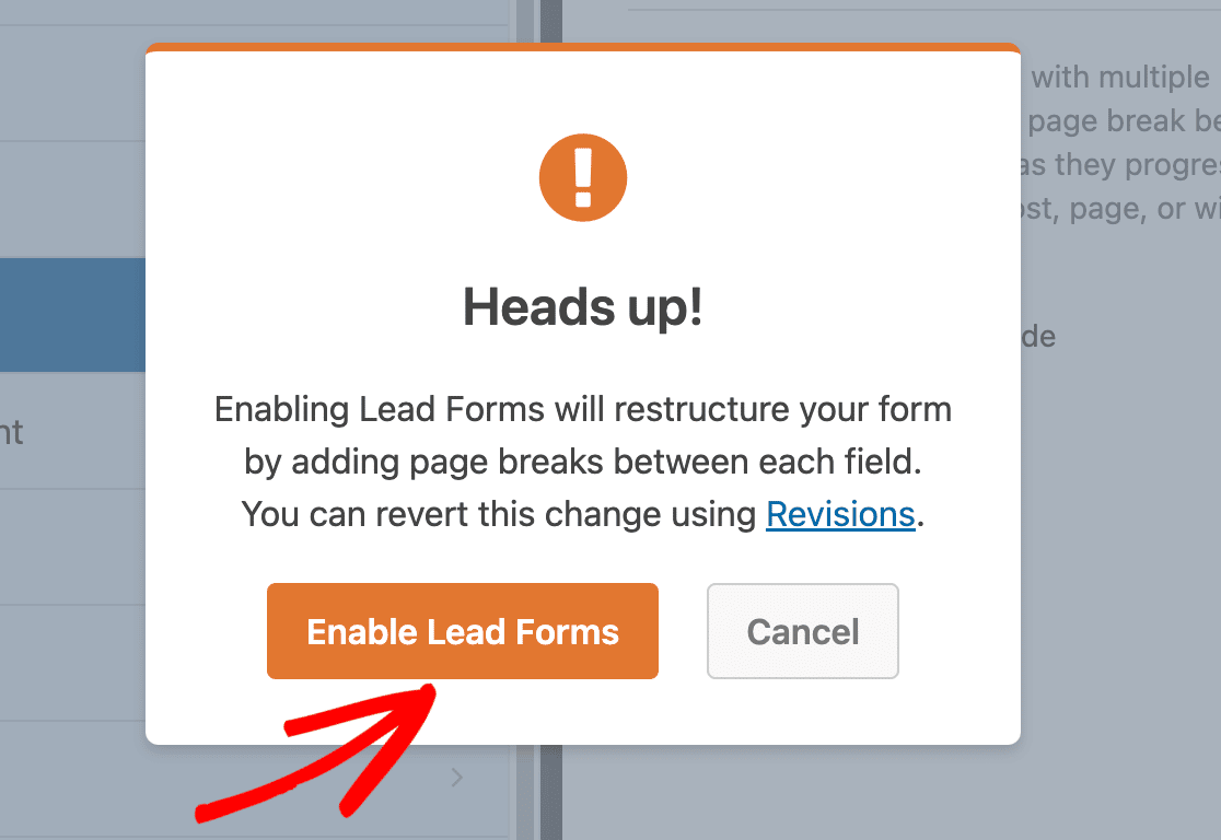 wpforms enable lead forms button