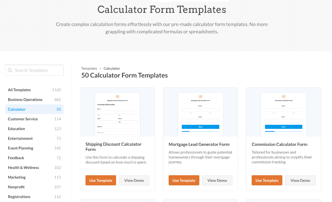 calculator form templates page