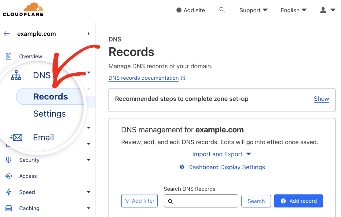 Navigate to DNS Records Page