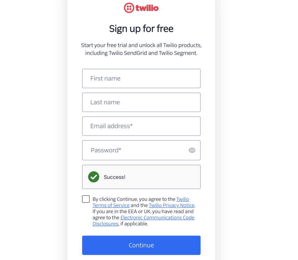 The SendGrid signup form