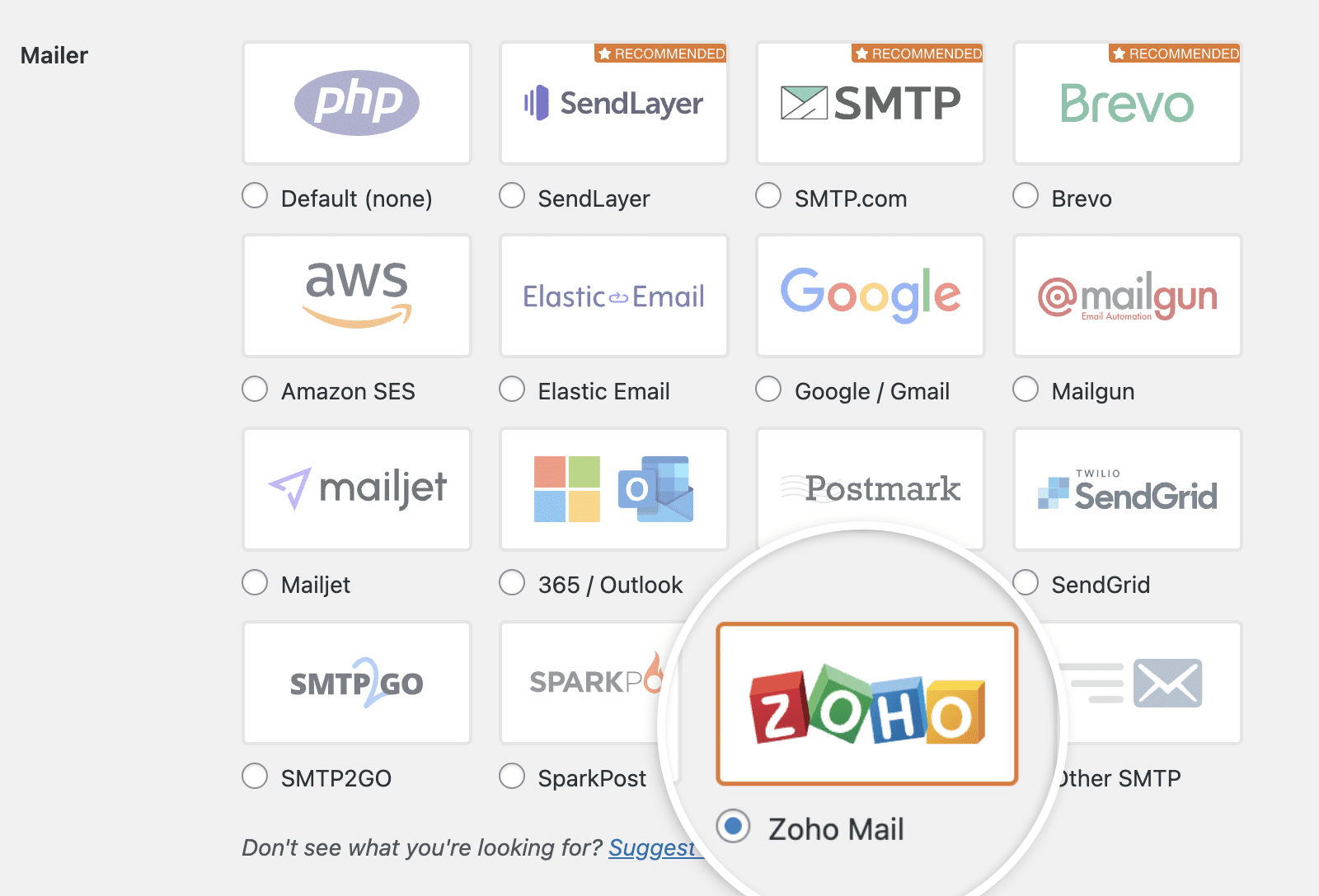 zoho-mailer - WP Mail SMTP Zoho Mailer auswählen