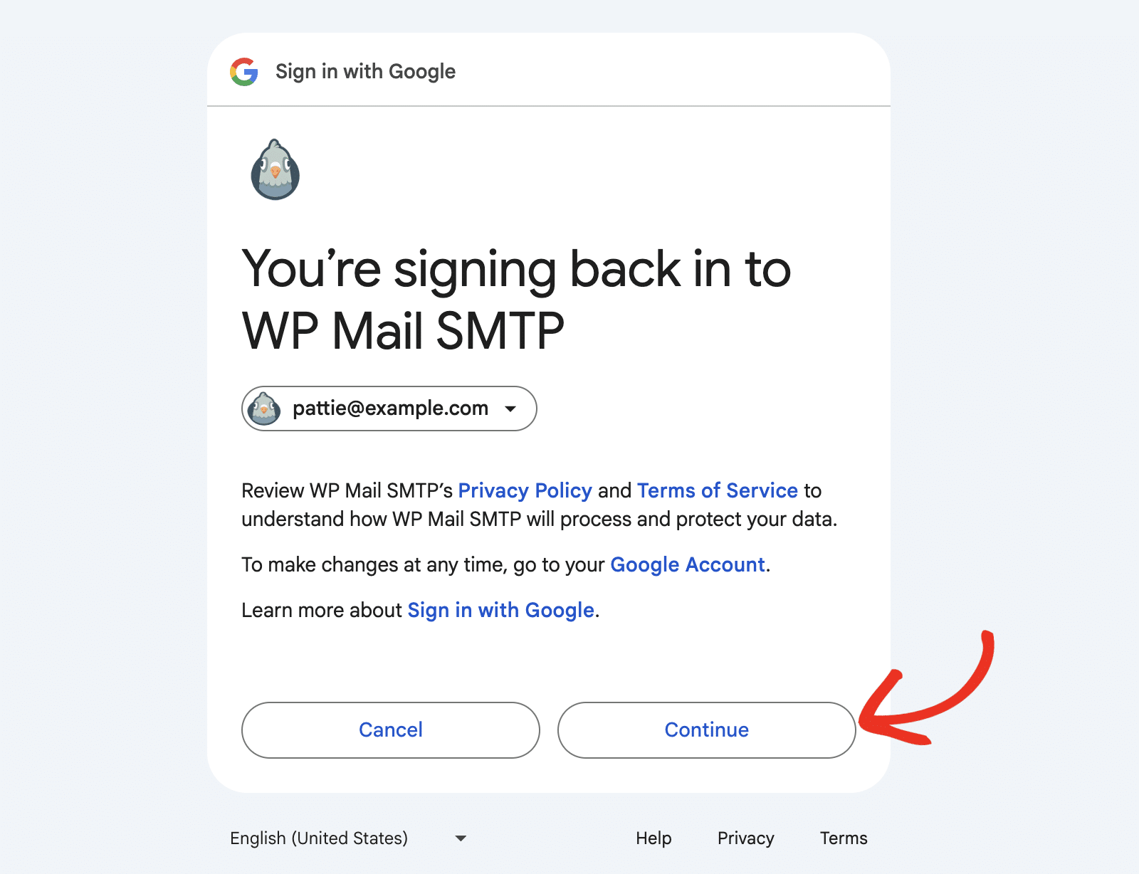 Google account auth screen