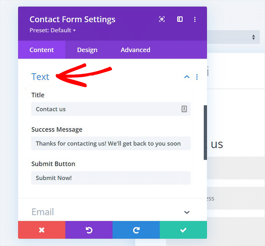divi contact form text settings