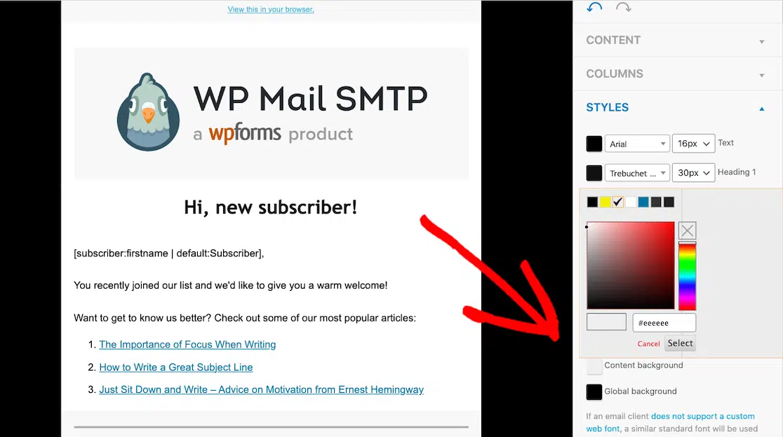 Red arrow pointing to the color customization options of the email template