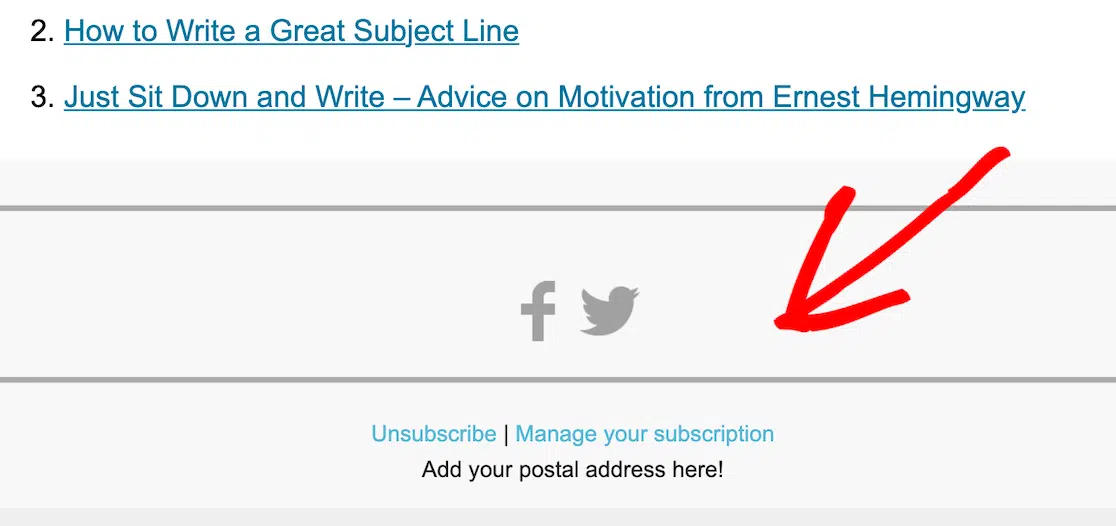 Red arrow pointing to the social links and footer of the email template