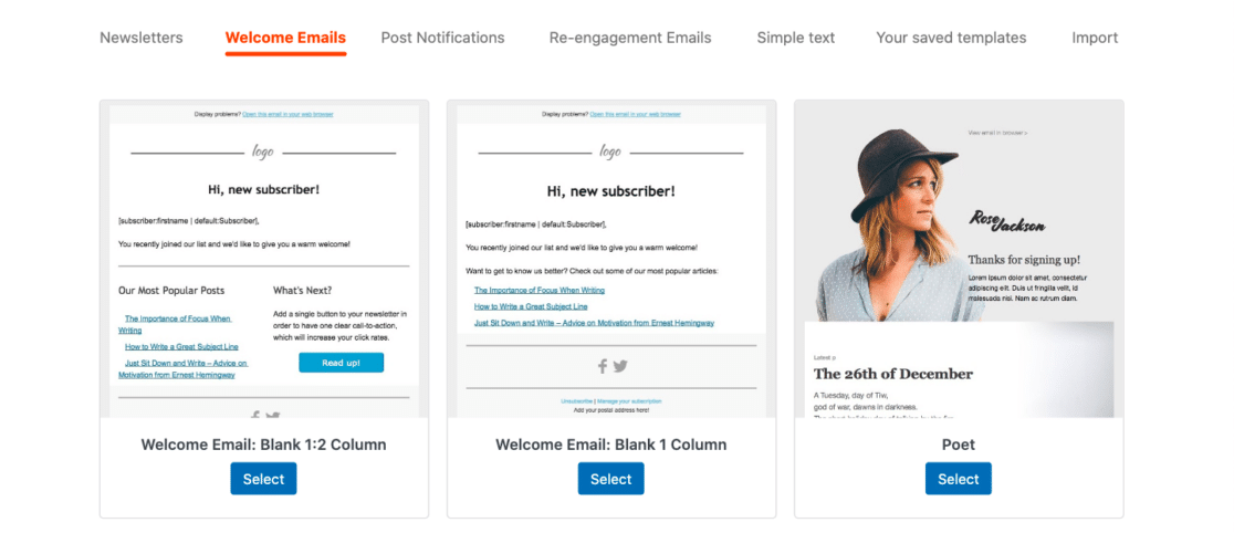 Selecting a WordPress email template from MailPoet