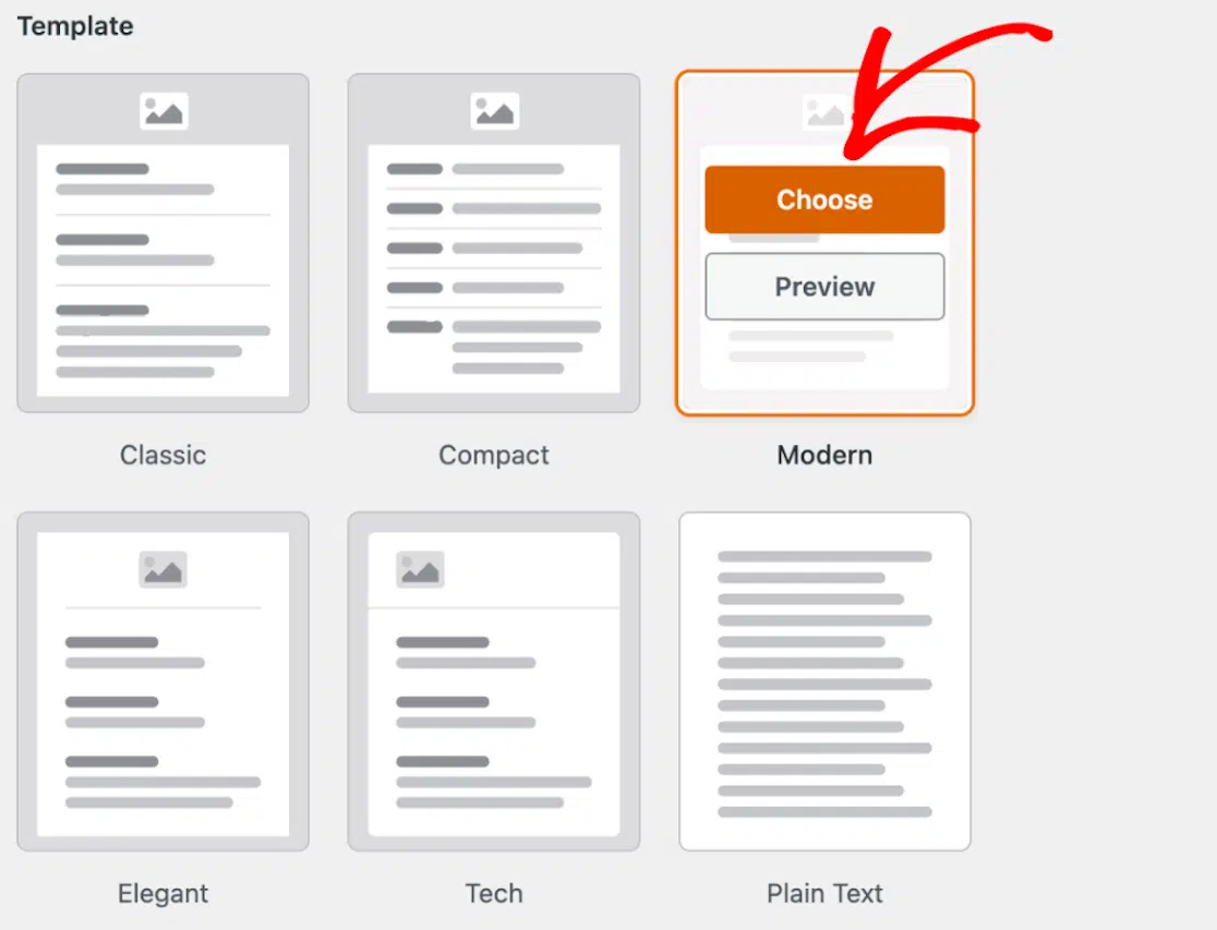 Red arrow pointing to the modern template