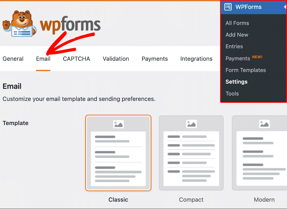 Red arrow pointing to the email tab in WPForms