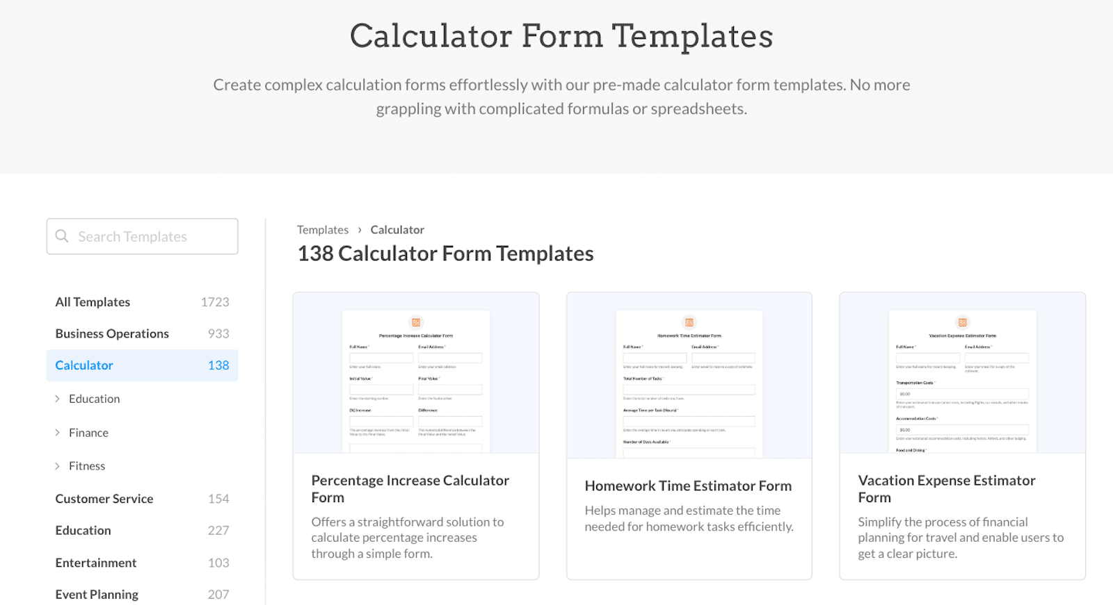 Viewing the calculator form templates from WPForms