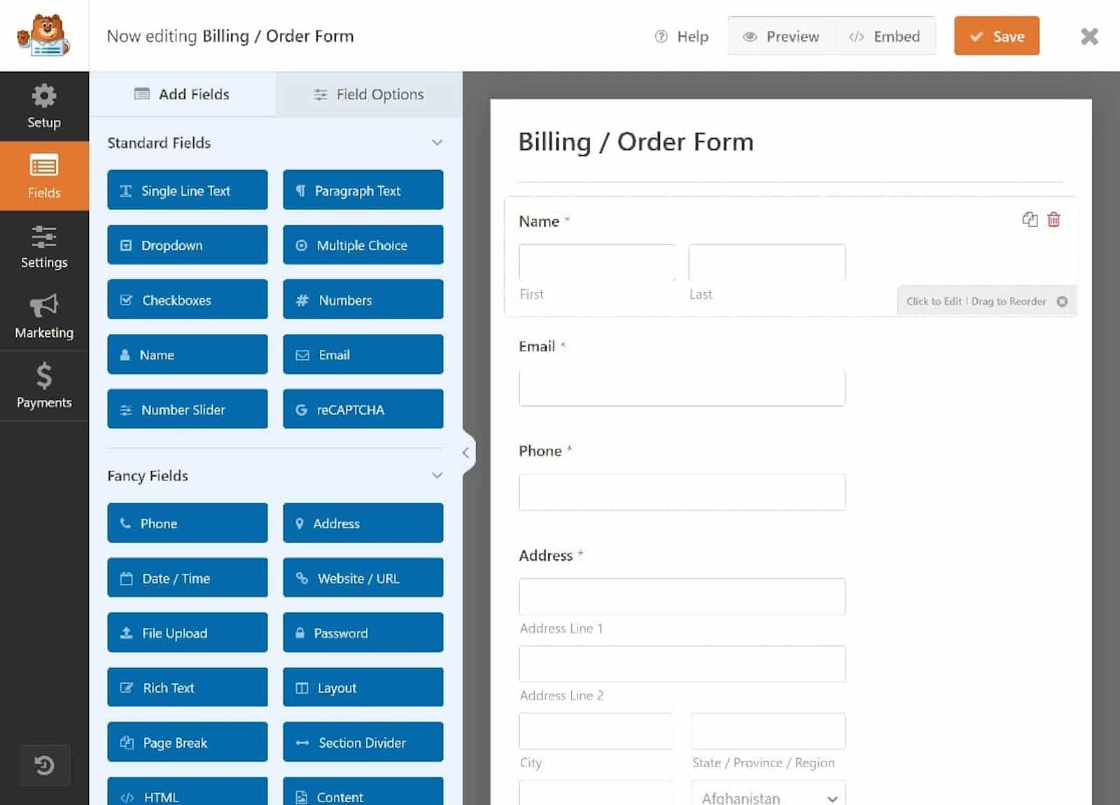 Customizing a form in the WPForms form builder