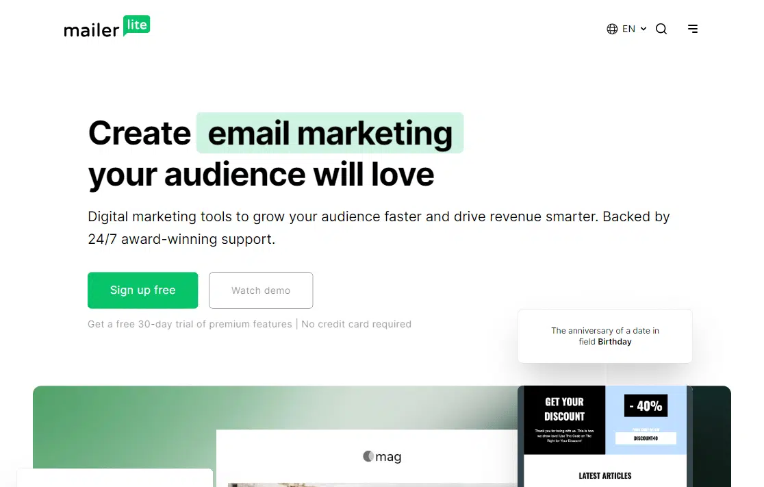 mailerlite homepage