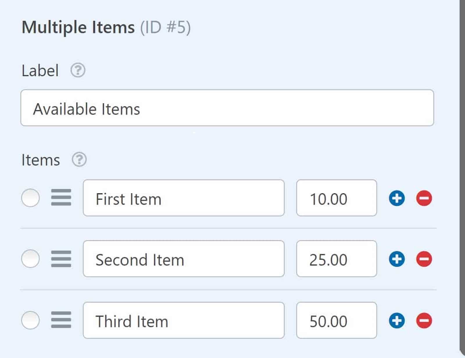 Opening the multiple items field to edit its settings