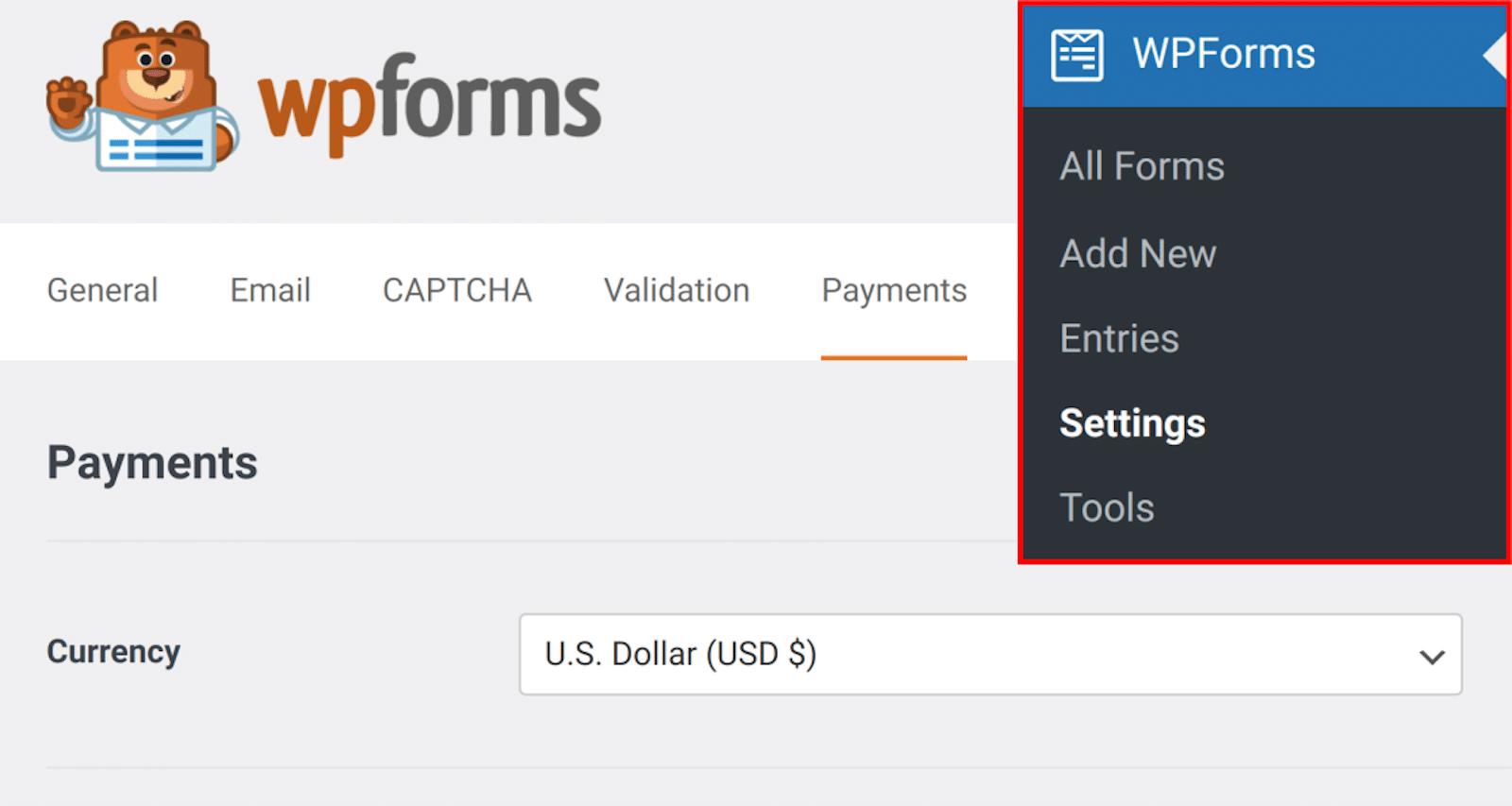 Navigating to the Payments tab in WPForms
