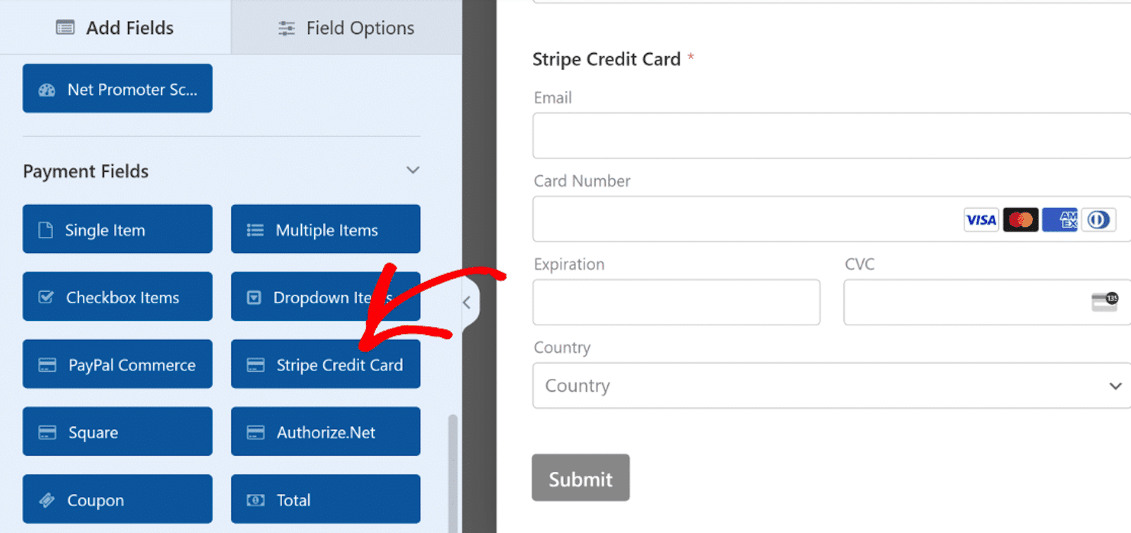 Adding the Stripe Credit Card field to an order form