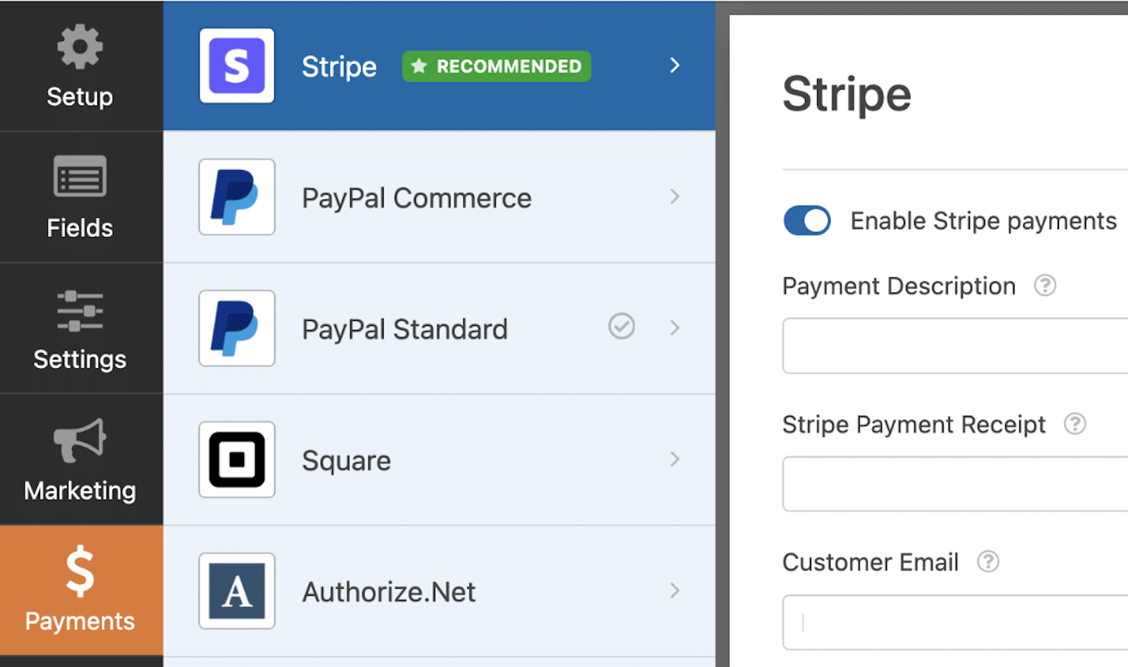 Enabling Stripe payments on the order form 