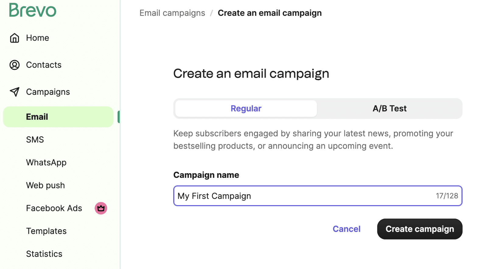 Creating a new email campaign in Brevo
